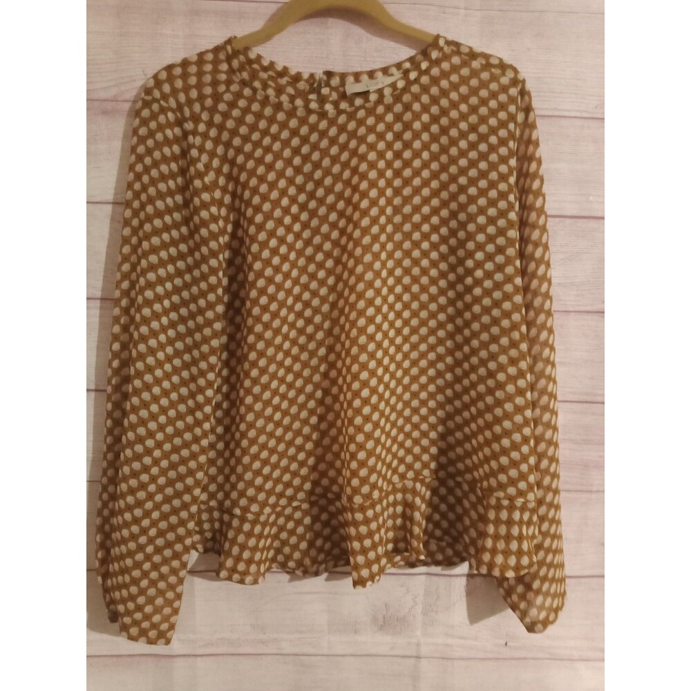 Loft Long Sleeve Blouse Women's Size Medium Polk Dot Yellow Gold Pull Over